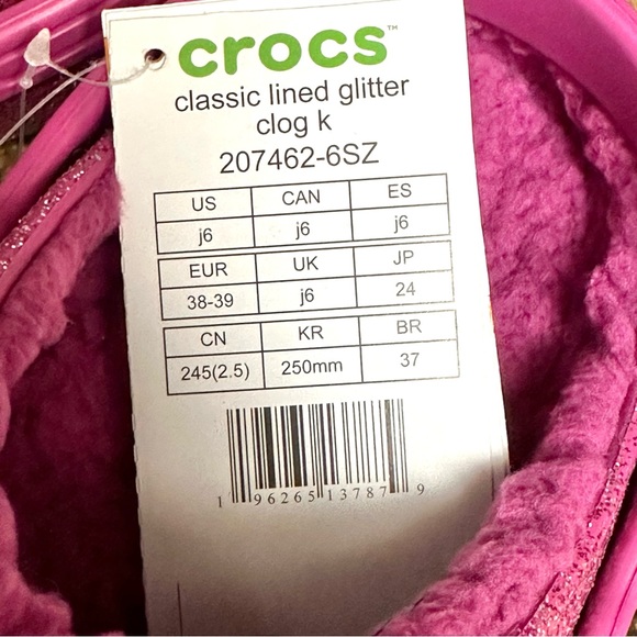 Size 6 Big Kids Pink Glitter Fur Lined Crocs - Picture 7 of 7